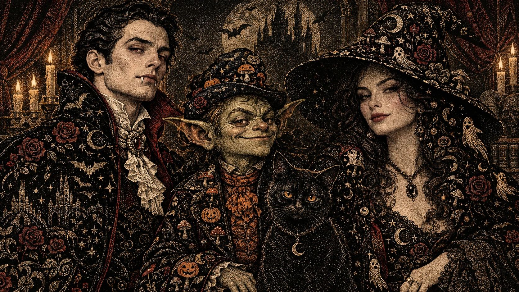 Tre aristocratici di Halloween posano insieme in un simbolico ritratto di famiglia a puntini