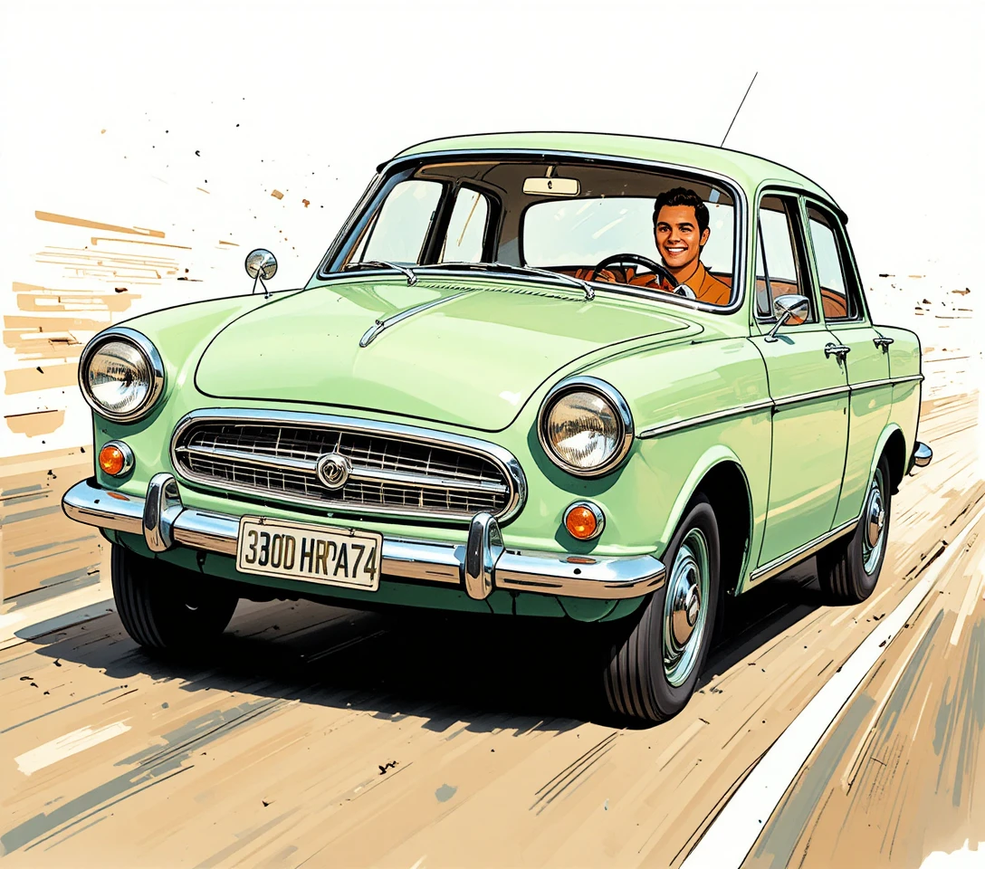 Una berlina verde d'epoca si dirige verso l'osservatore in stile fumetto