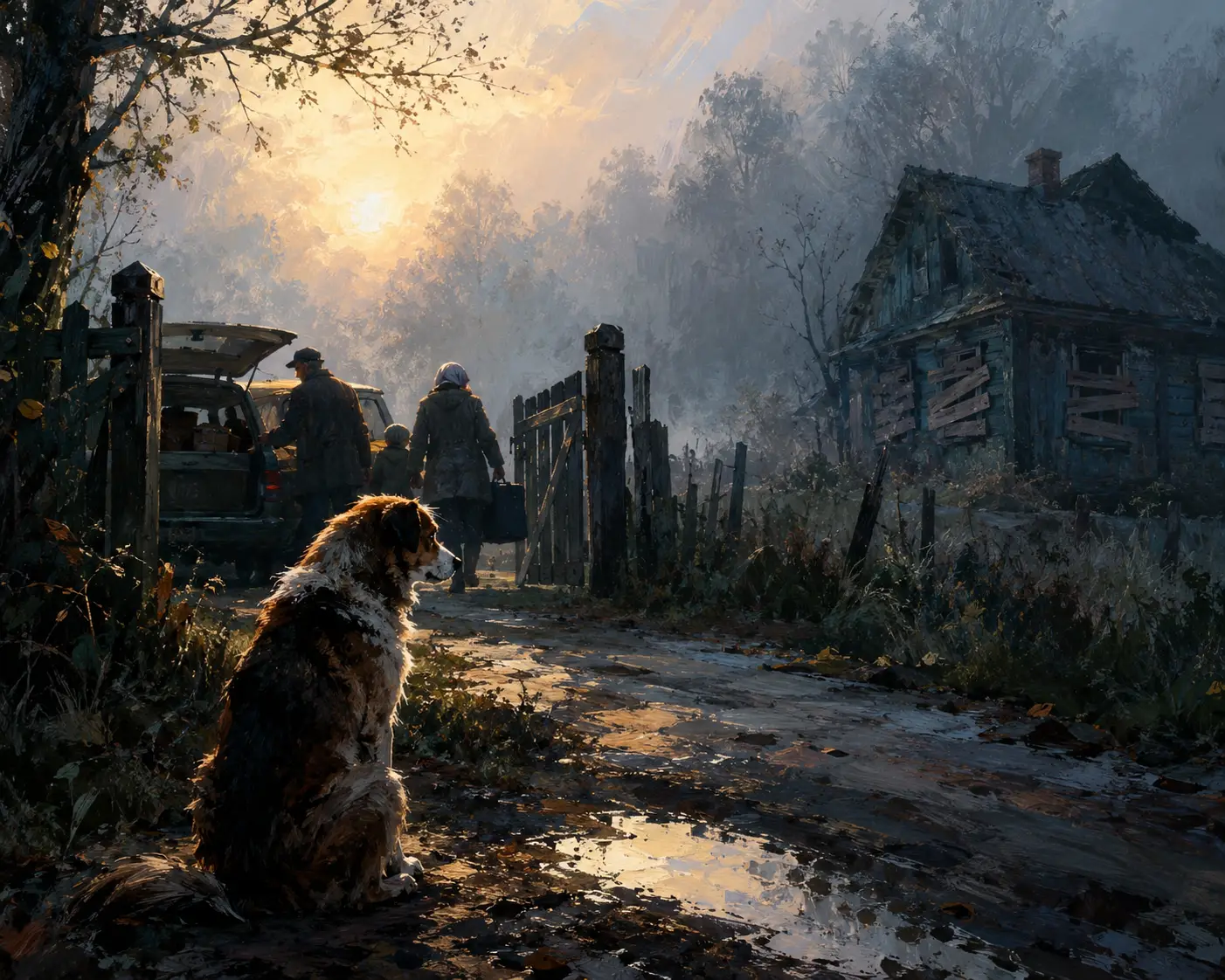 狗狗在起霧的鄉間小屋外，注視著離去的人們