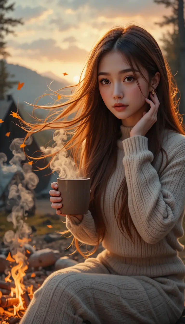 夕陽下的森林營火旁，一位手捧熱巧克力的女子