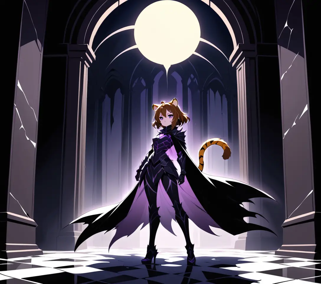 Femme de style anime près d’un trône d’obsidienne dans la salle d’un palais sombre