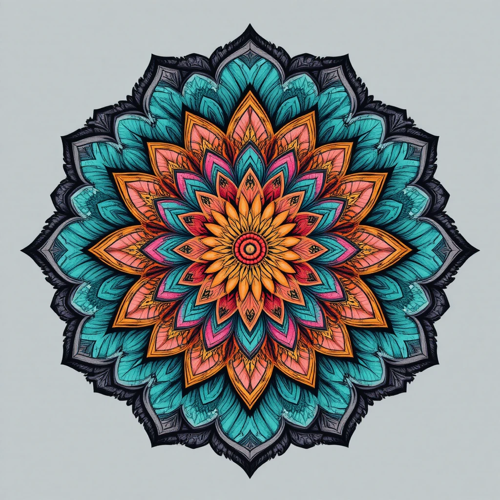 Mandala floral symétrique aux pétales superposés et aux couleurs éclatantes