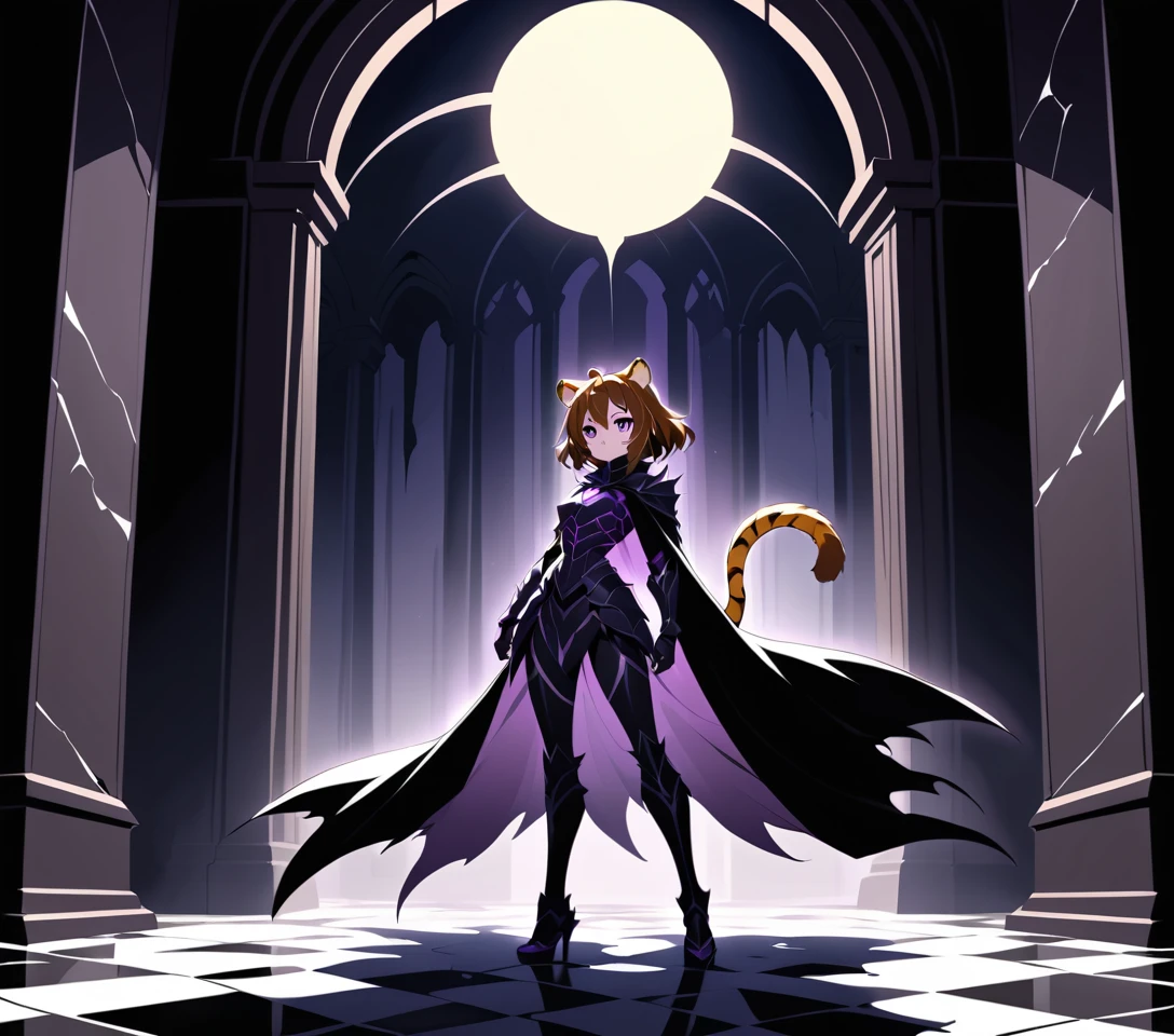 Femme de style anime près d’un trône d’obsidienne dans la salle d’un palais sombre