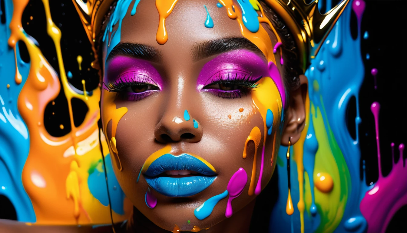 Uma mulher com maquiagem em tons de arco-íris e tinta colorida escorrendo pelo rosto