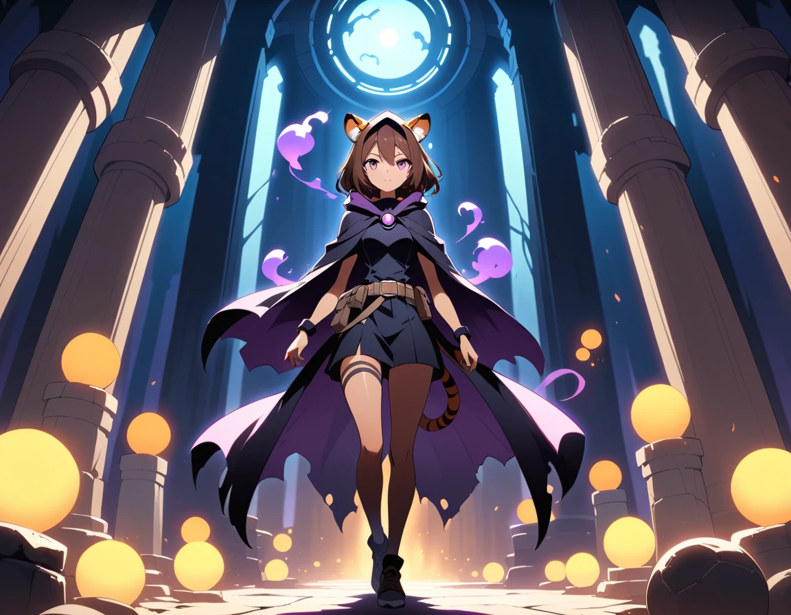 Mulher de anime com orelhas de tigre explora uma antiga torre sombria