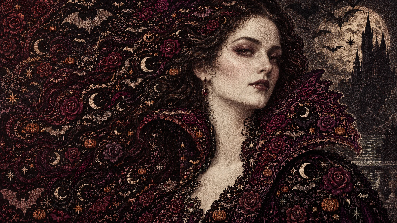 Eine elegante Vampirin aus kunstvoll gravierten Halloween-Symbolen