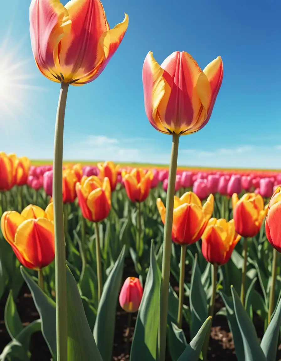 A colorful tulip in close-up against a sunlit flower field