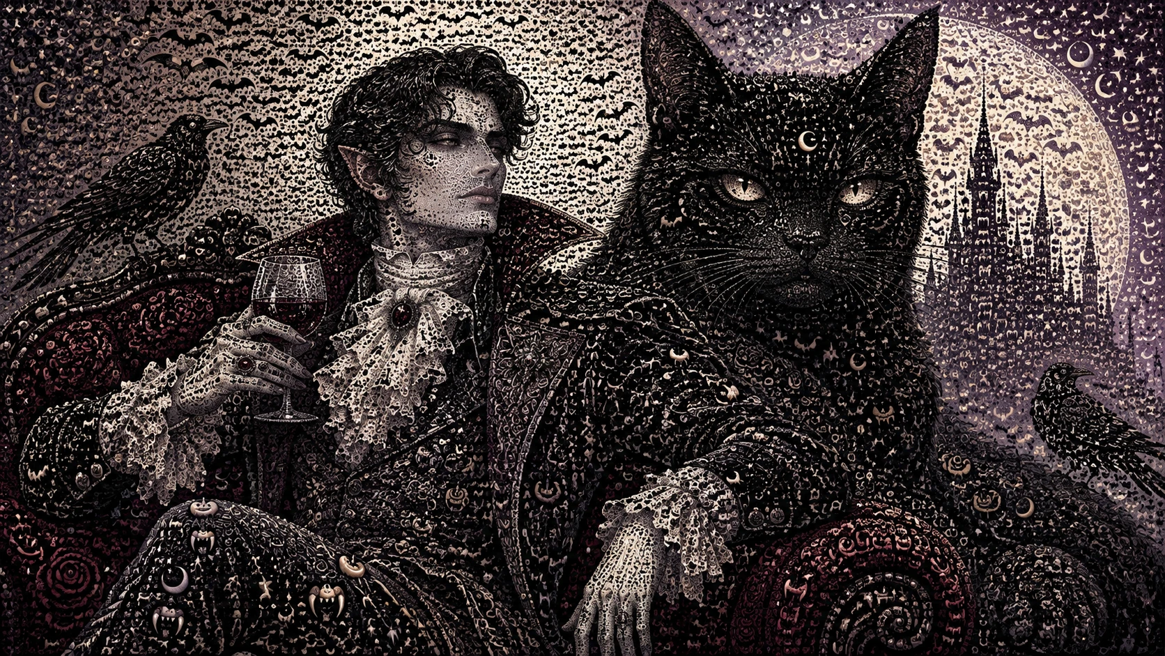 Um vampiro senta-se ao lado de um gato preto enorme num retrato gótico
