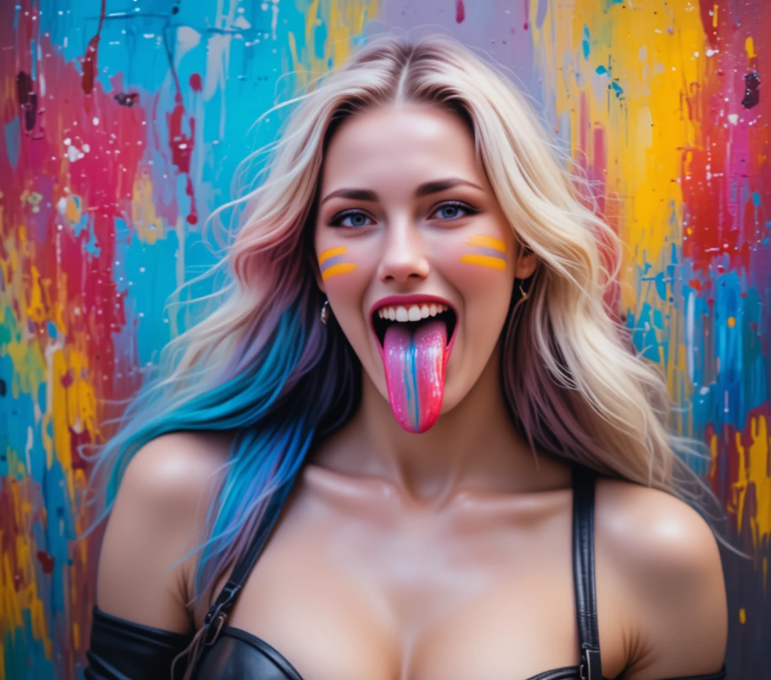 Una ragazza fa la linguaccia con la lingua colorata di blu, rosso e giallo
