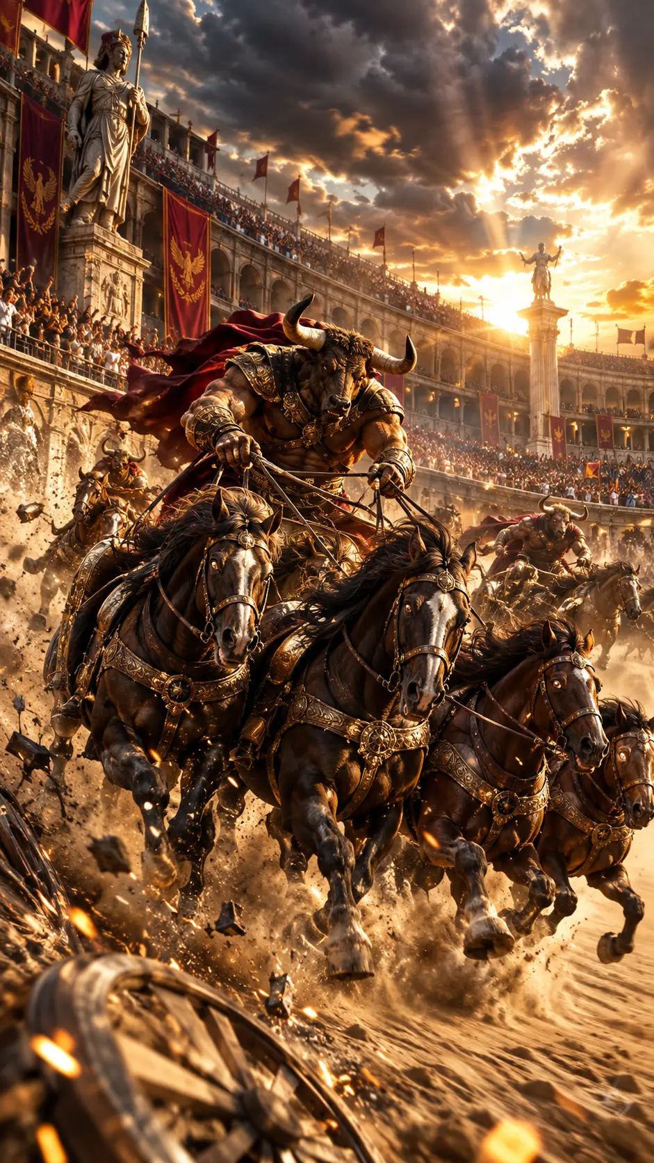 Los minotauros compiten en cuadrigas en una monumental arena romana