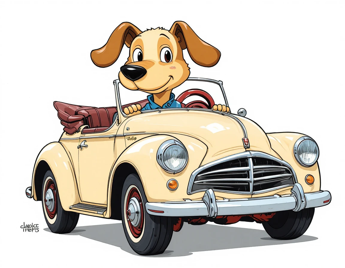 Um alegre cão de desenho animado conduz um descapotável vintage cor de creme