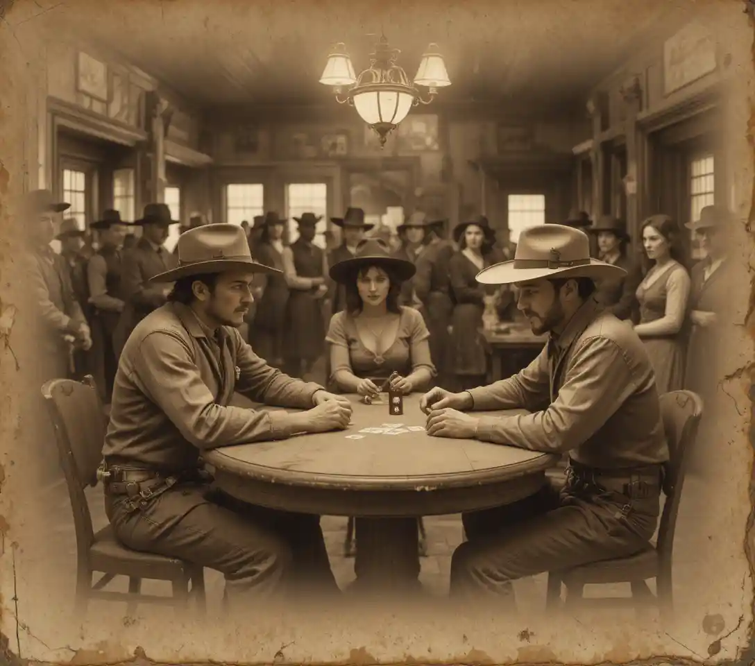 Two gamblers play poker in a frontier town saloon