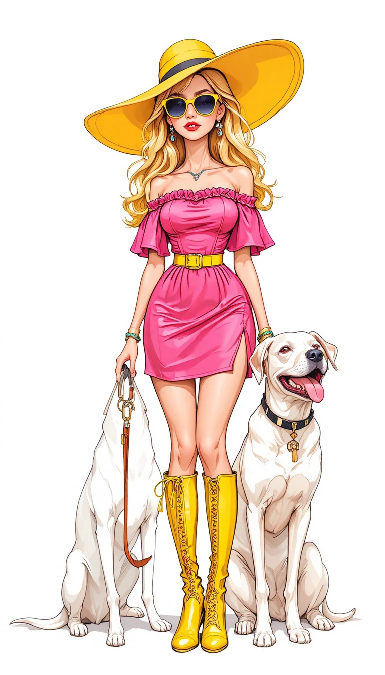 Glamorous Woman in Pink Stands Beside a White Labrador