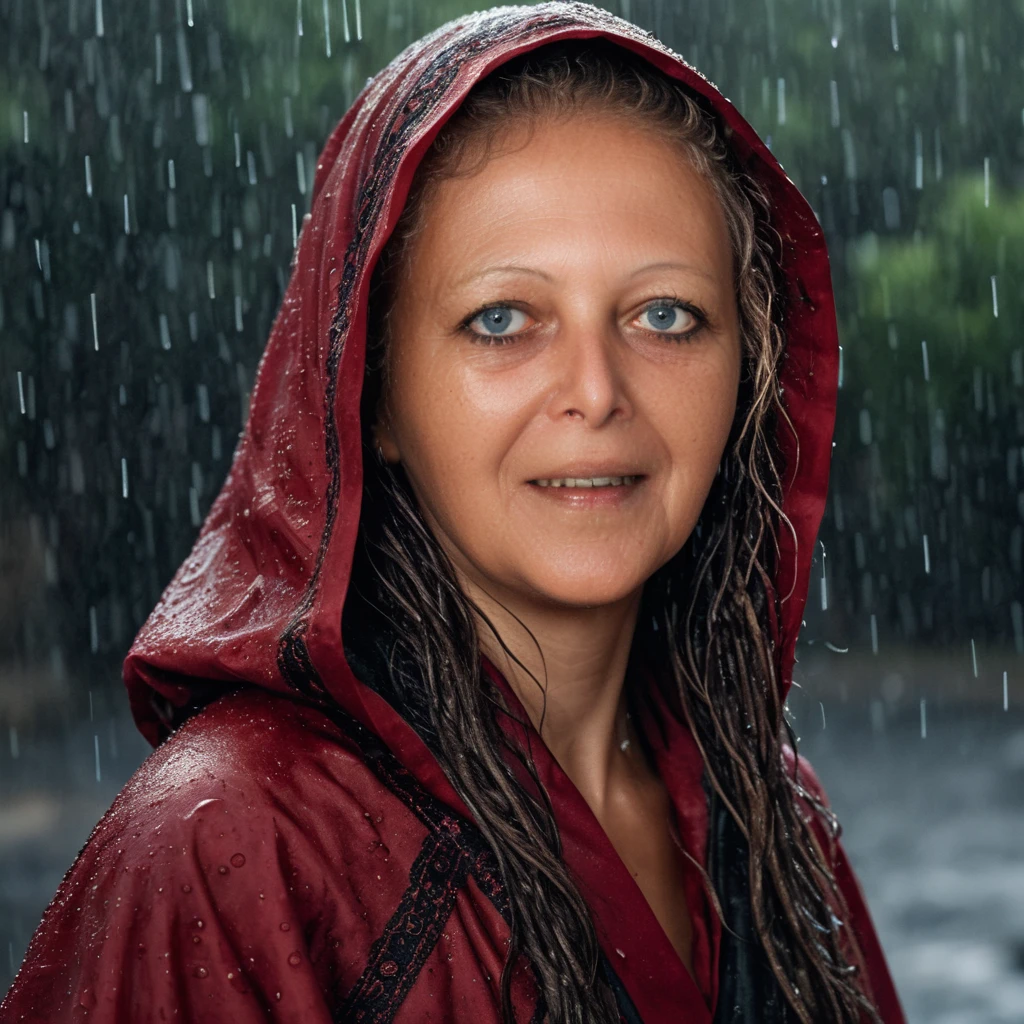 Uma guerreira se vira sob uma chuva torrencial em um close cinematográfico