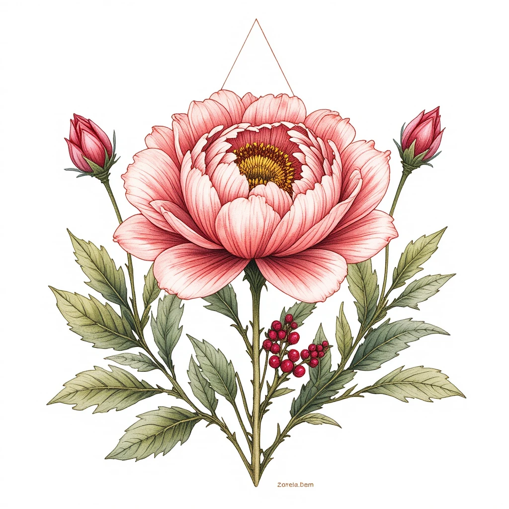 A Hand Drawn Peony Illustration Framed by a Minimal Geometric Triangle
