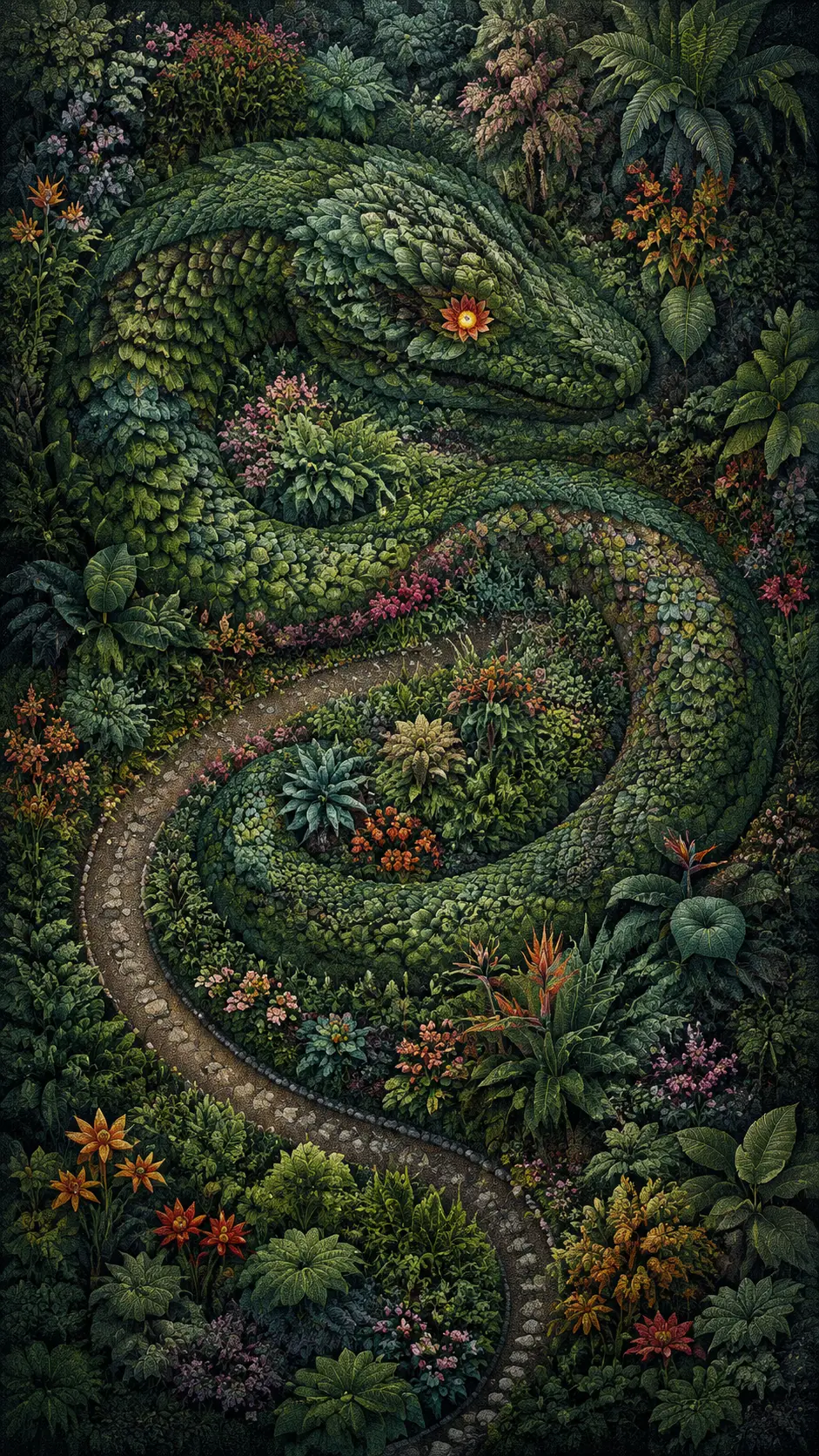 Um jardim botânico esconde uma serpente adormecida entre trepadeiras retorcidas