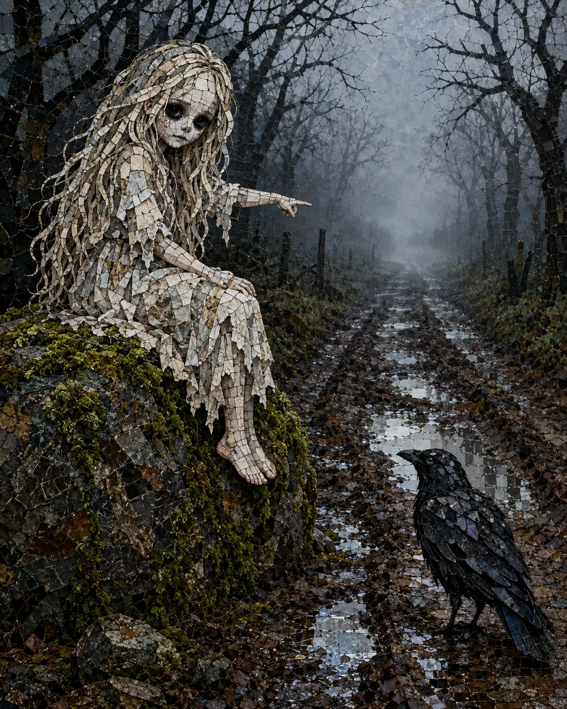 A gothic mosaic girl sits on a stone beside a country road