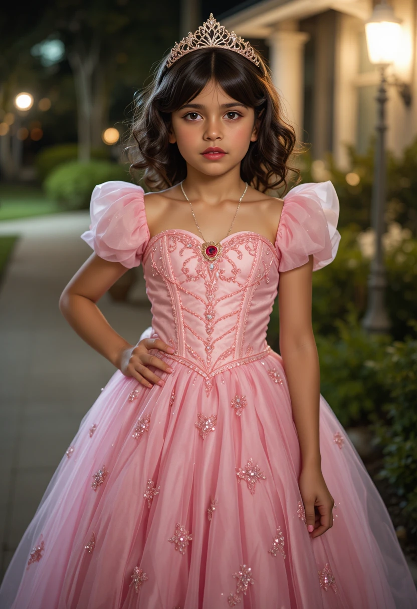 An embarrassed boy wears a pink princess dress outdoors for Halloween