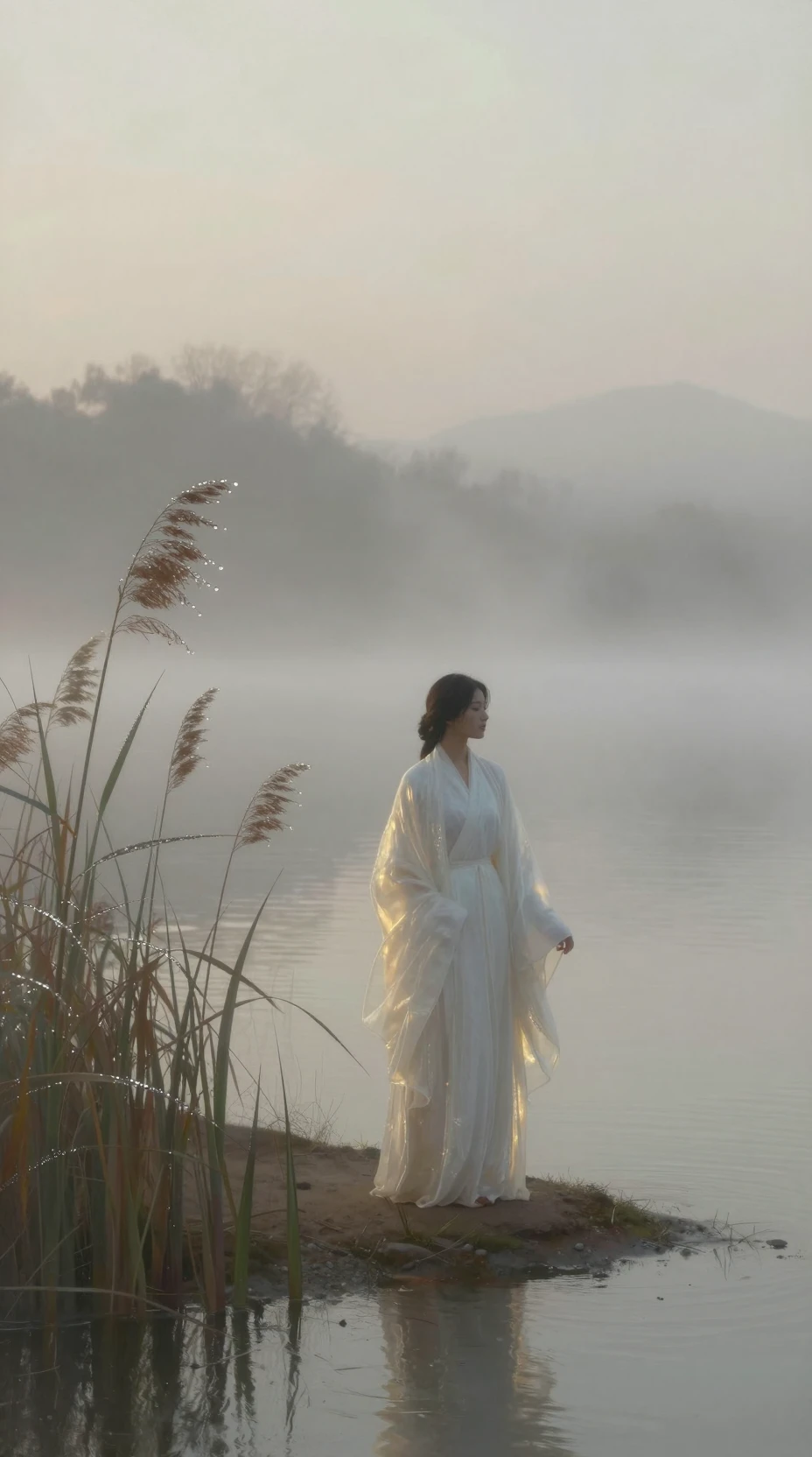 A woman stands beside still water on a misty morning shore