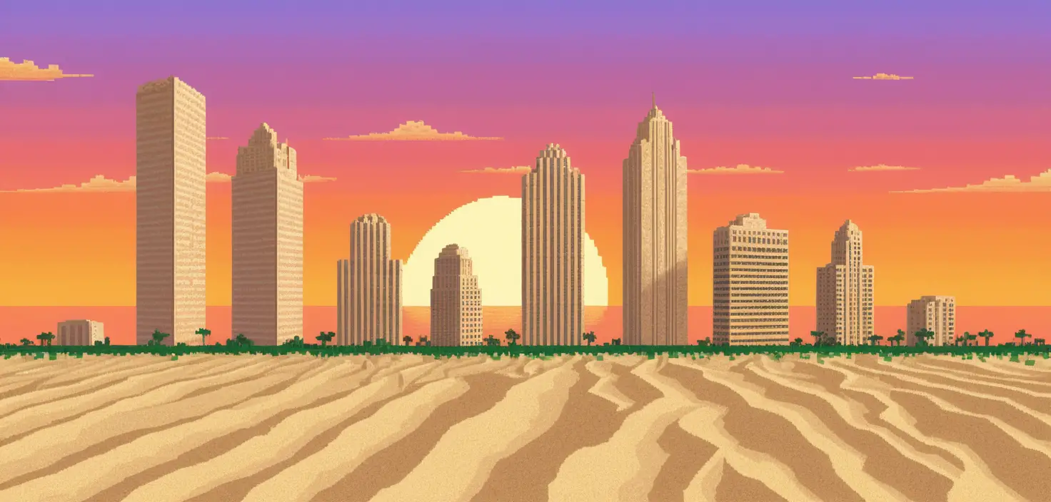 砂でできたピクセルアートの高層ビルと柑橘色の夕焼け