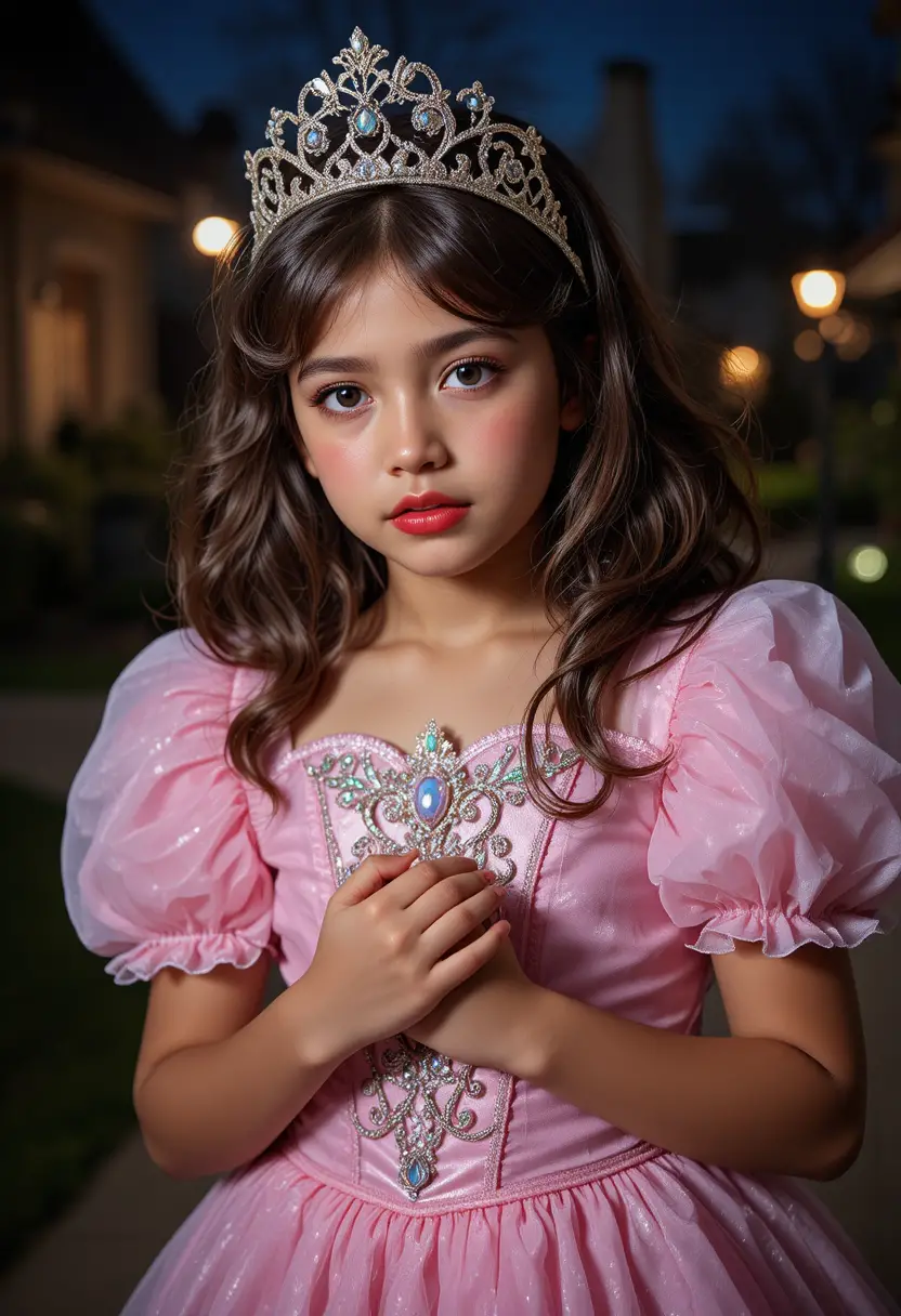 Un bambino nervoso con un vestito rosa da principessa esce di notte a chiedere dolcetti