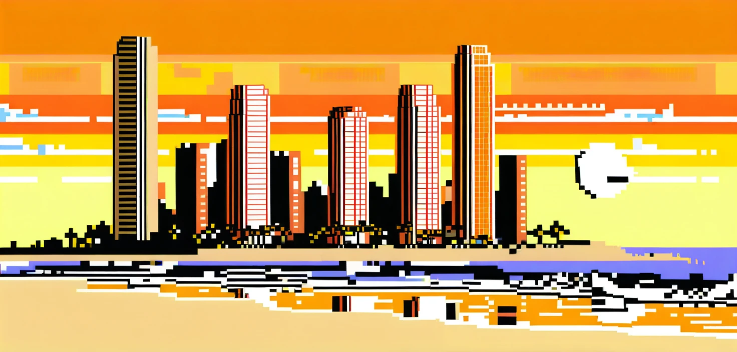 Grattacieli di sabbia in pixel art accanto a un tramonto agrumato