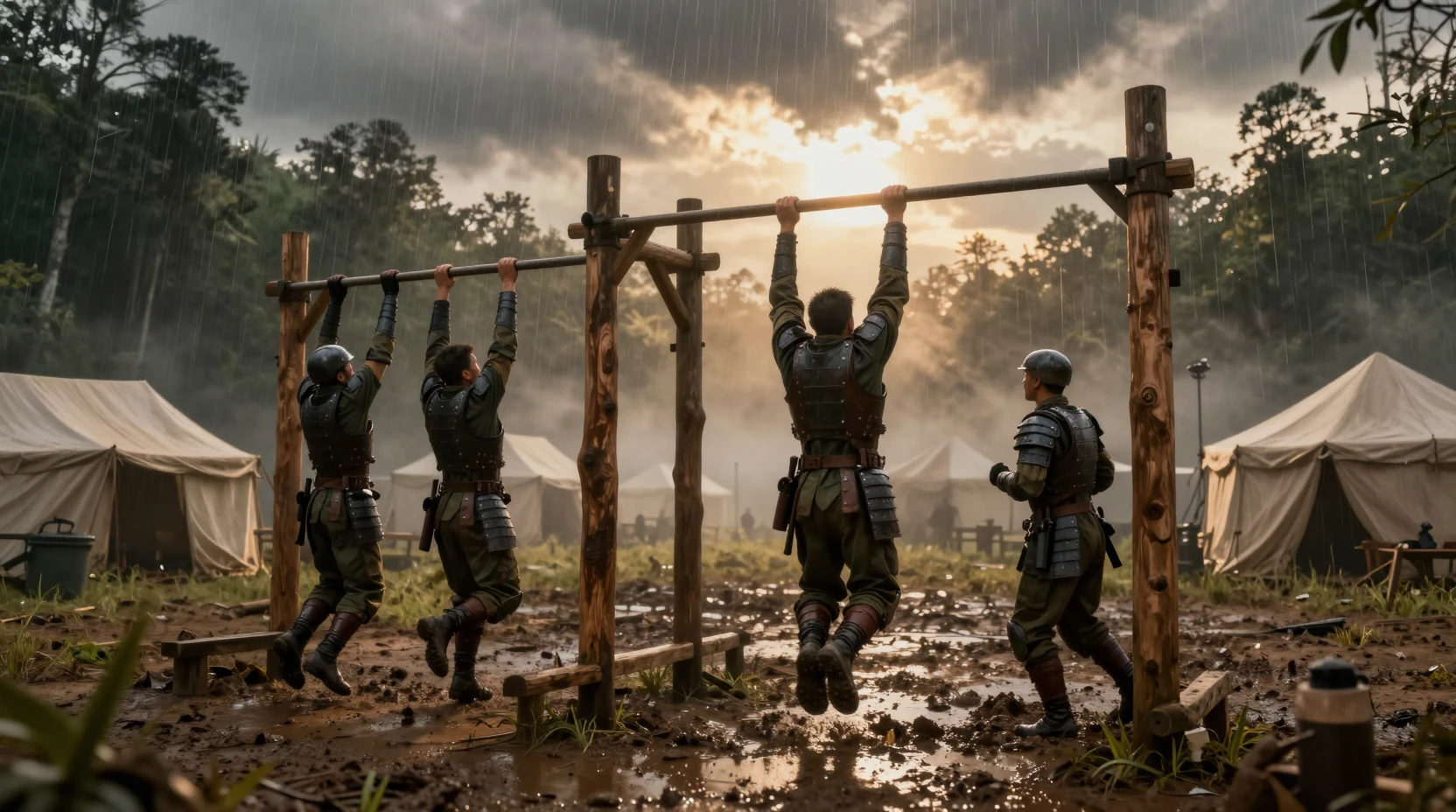 Soldados blindados treinam em um acampamento na floresta tropical sob nuvens de tempestade que se abrem ao amanhecer