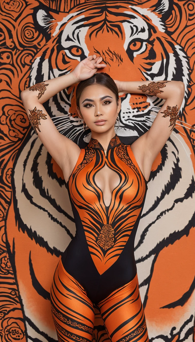 Uma mulher posa com pintura corporal listrada de tigre e desenhos de hena intrincados