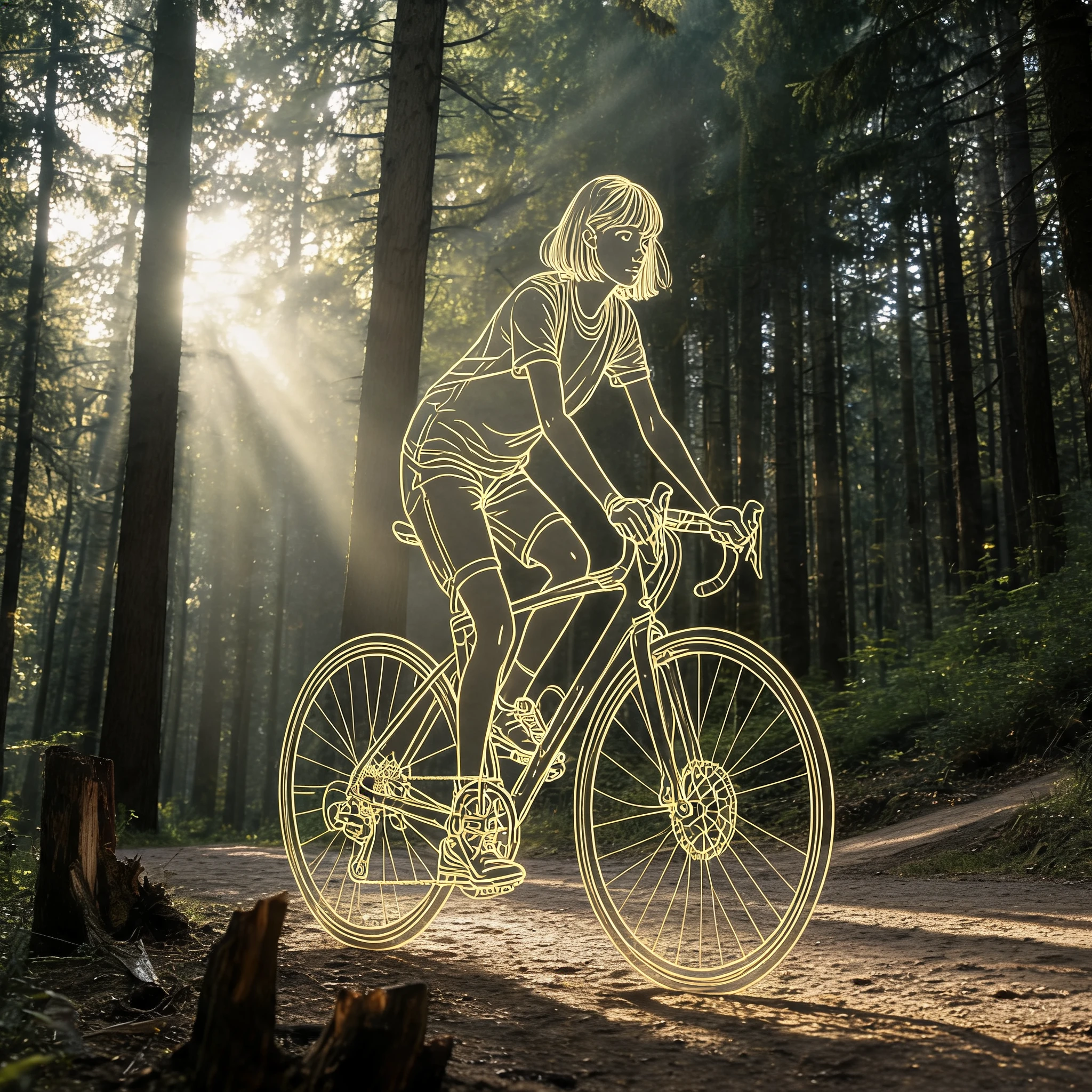 Uma rapariga percorre de bicicleta, em arte linear, um caminho ensolarado na floresta