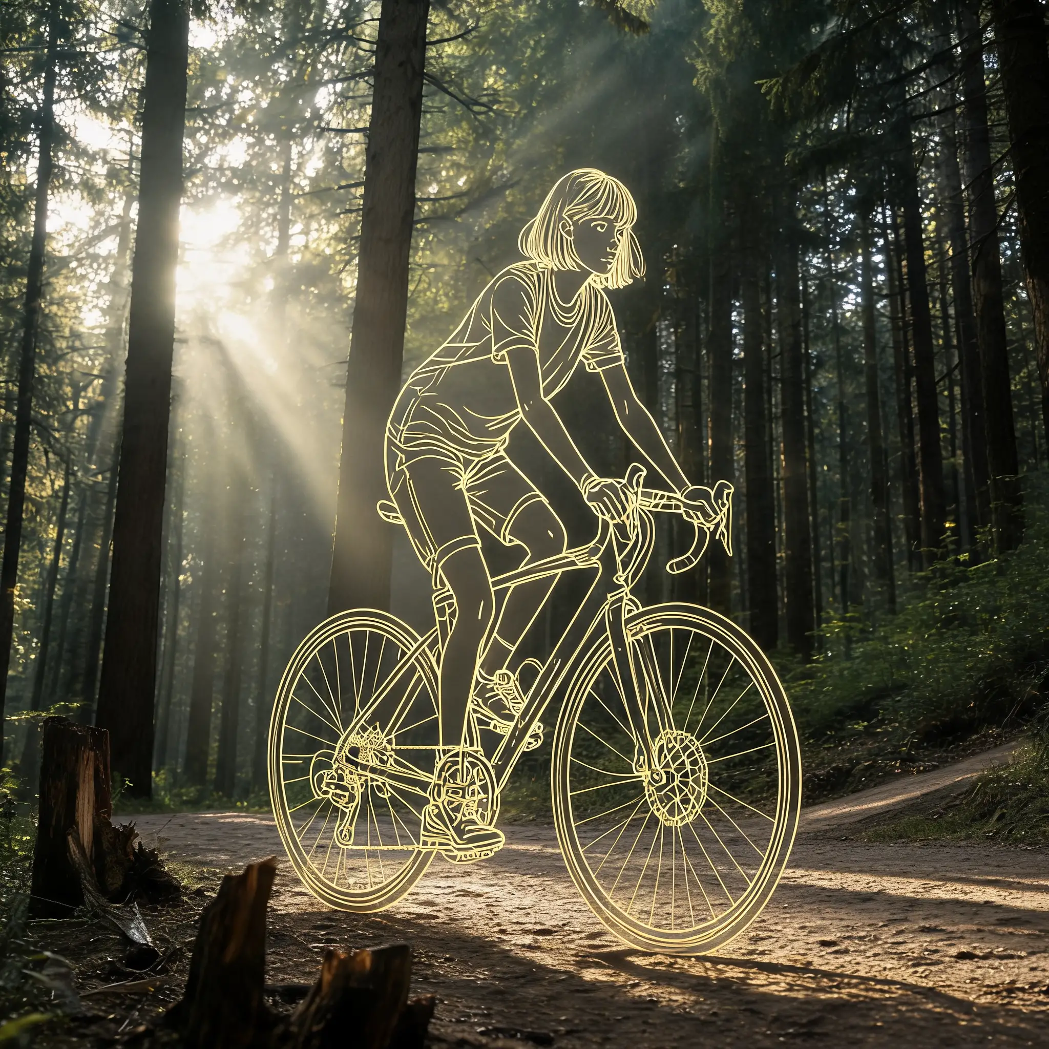 Una ragazza percorre in bicicletta, in stile line art, un sentiero soleggiato nel bosco