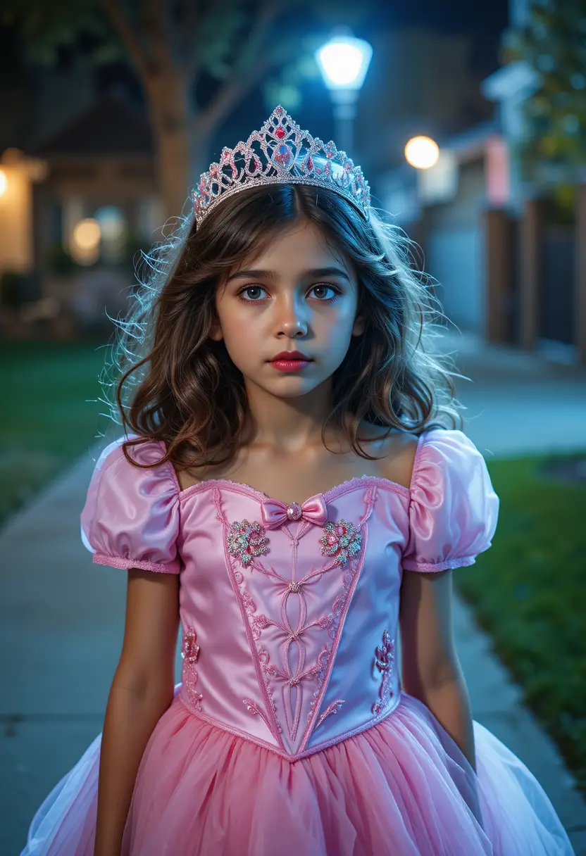 A nervous boy wears a pink princess dress outdoors on Halloween night