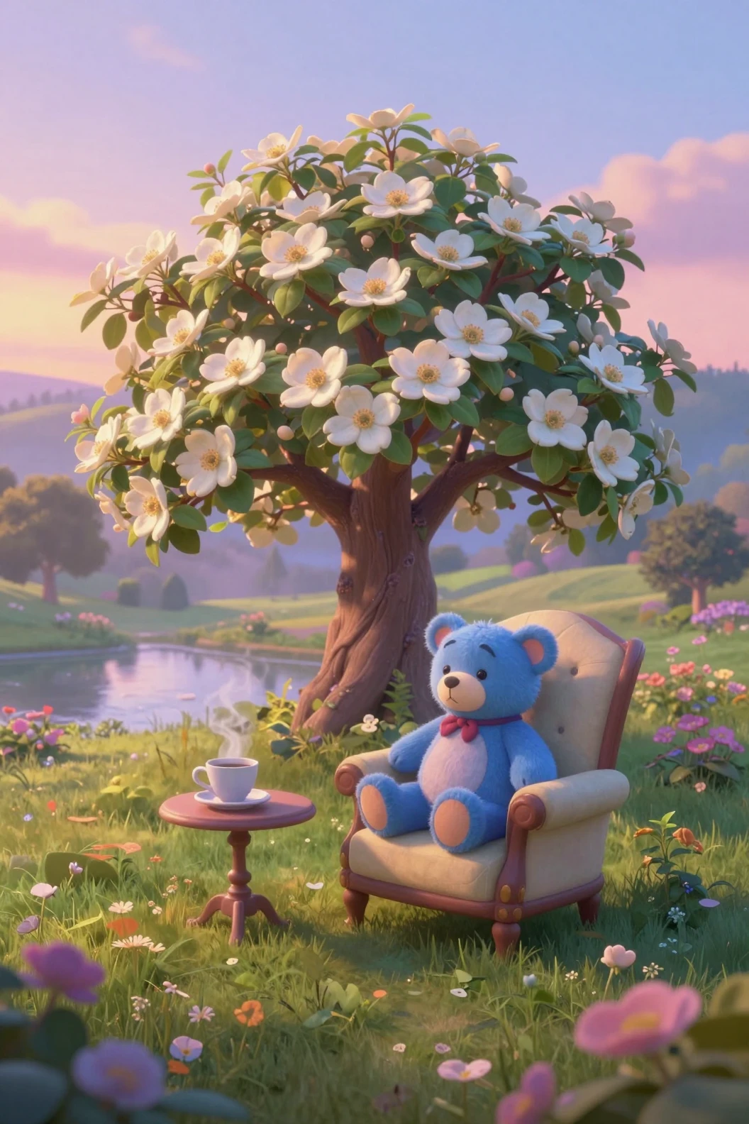 Um corniso-florido dá vida a um jardim sereno ao amanhecer
