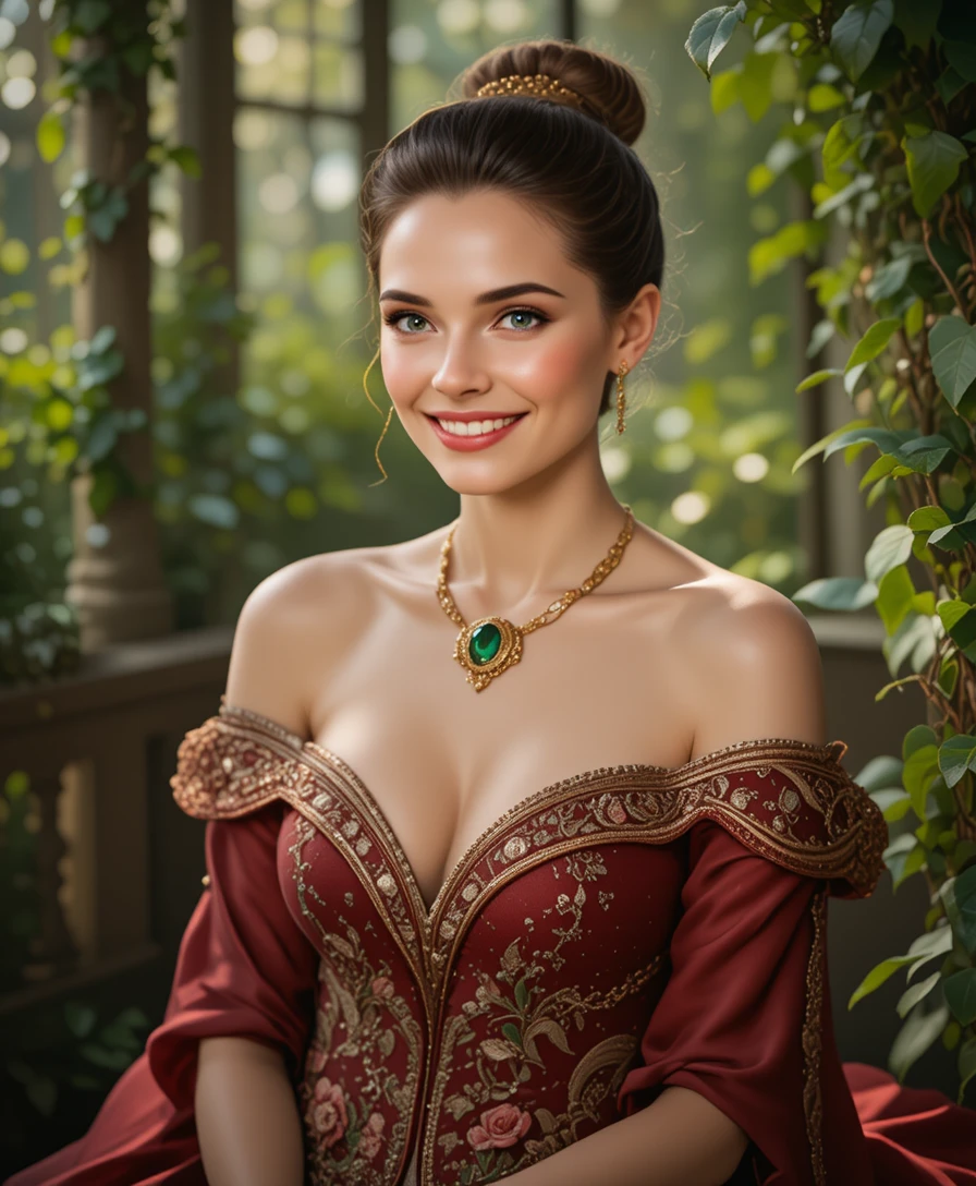 A young woman in an embroidered red gown sits in a sunlit garden