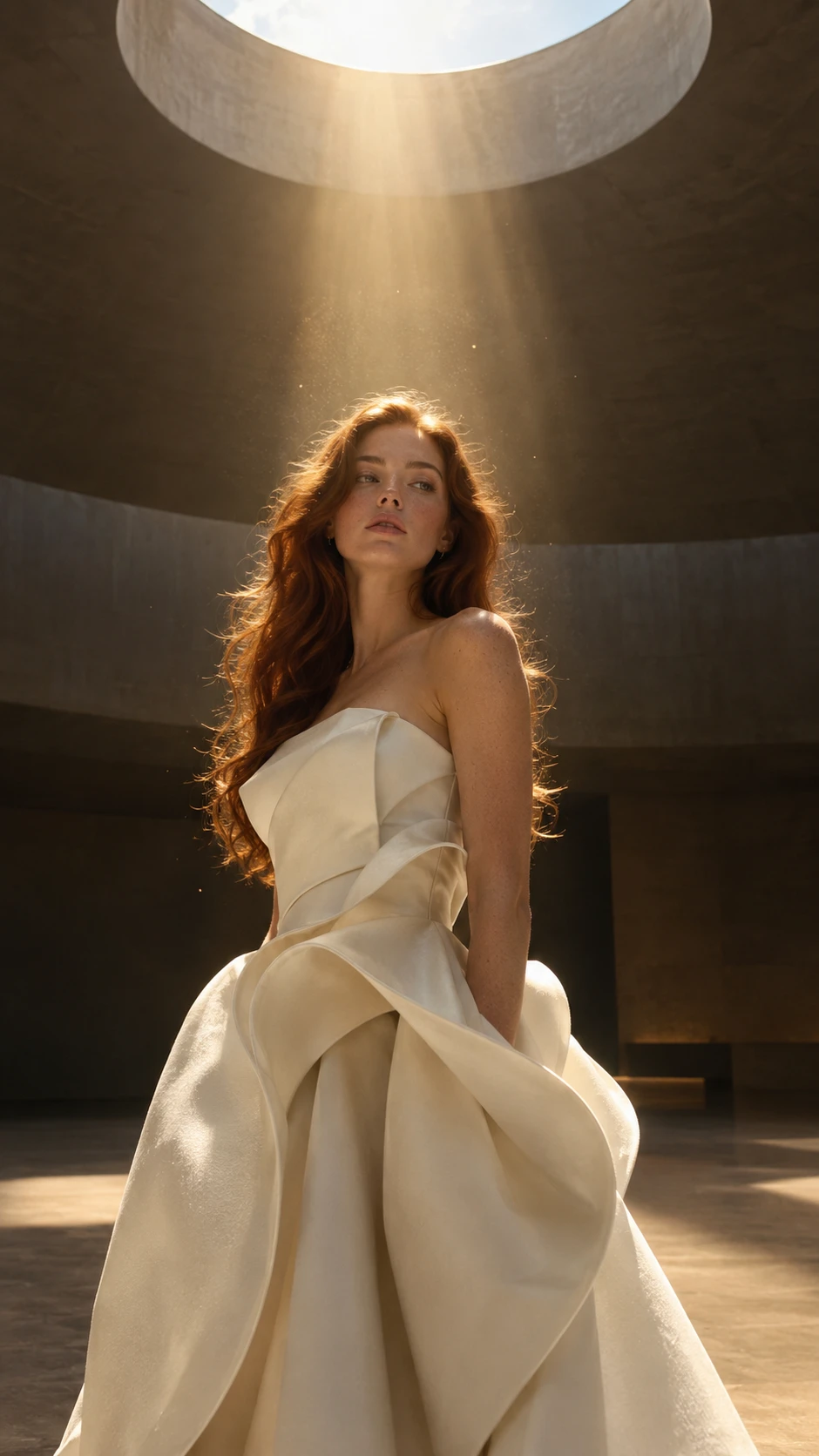 Retrato de moda de uma mulher com vestido marfim sob uma claraboia circular