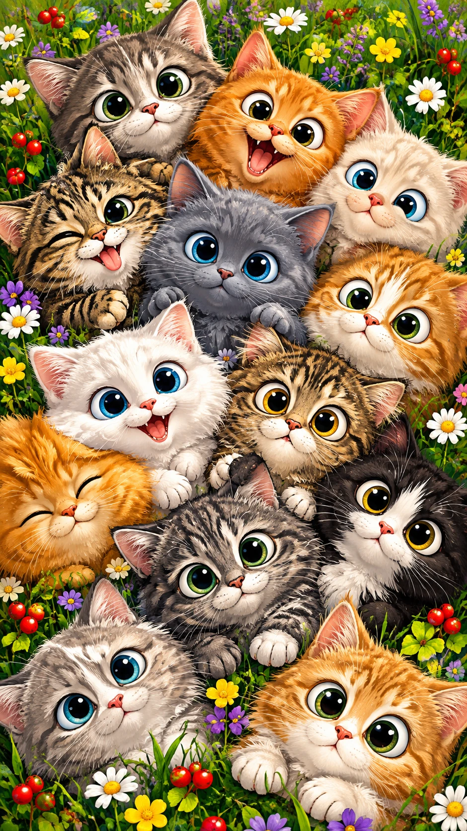 Une foule de chatons aux yeux écarquillés se rassemble dans un pré fleuri