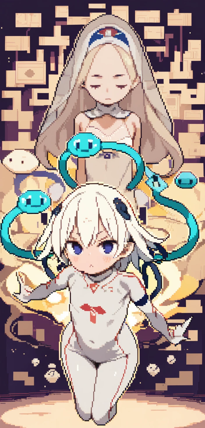 Uma garota em pixel art com um body bege atrás de um véu bege