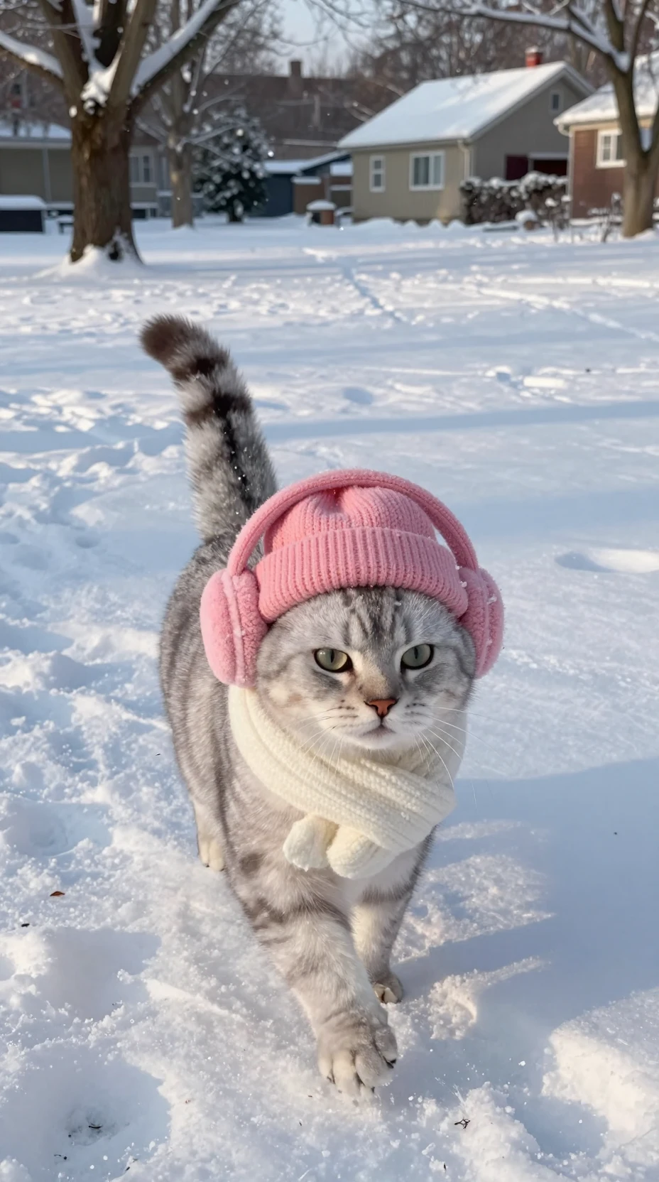 Eine Katze läuft mit rosa Strickmütze und Schal durch den Schnee