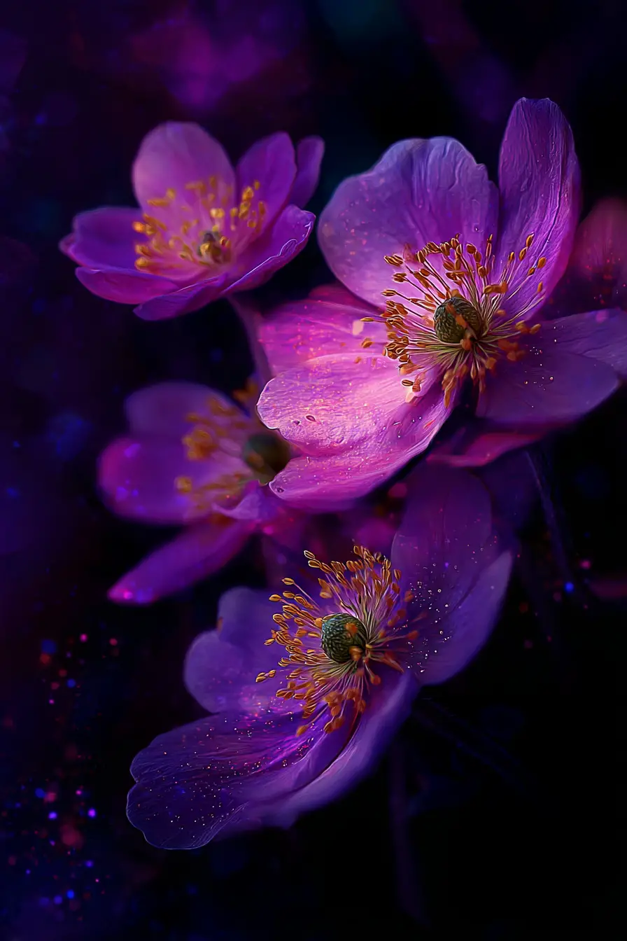 Des pivoines roses et violettes illuminées de détails dorés dans une œuvre fantastique
