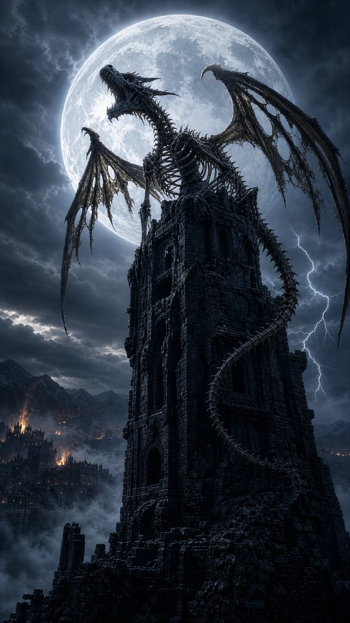 Un dragon squelettique se perche au sommet d'une tour gothique en ruine sous la pleine lune