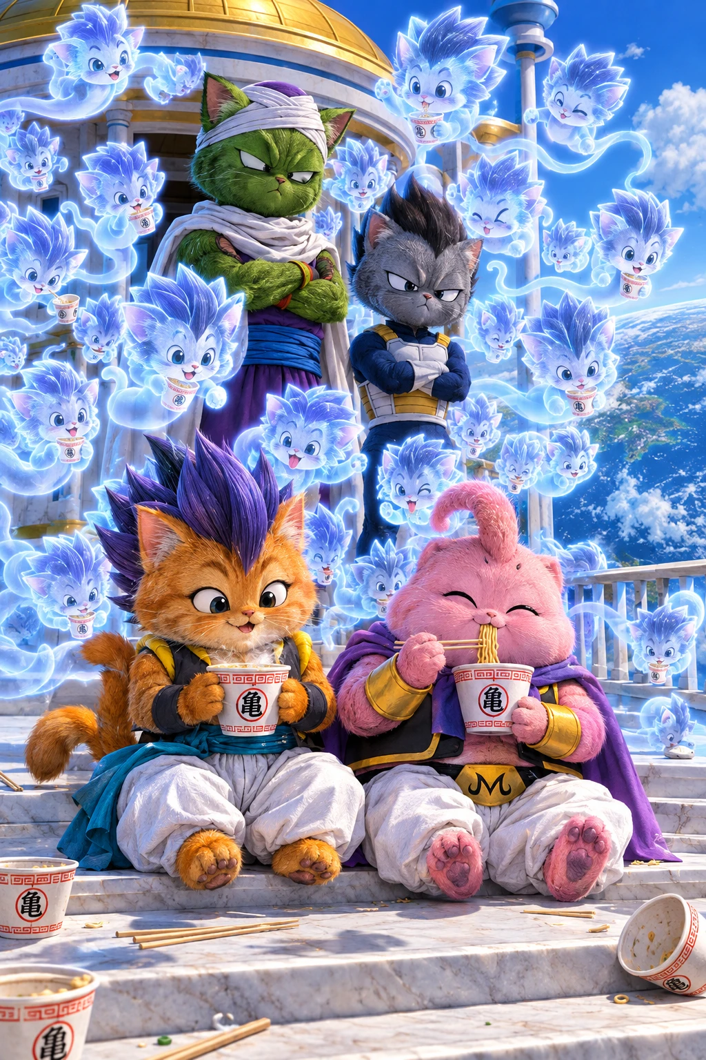 Híbridos de gatos chibi fofinhos sentados juntos nos degraus de um templo