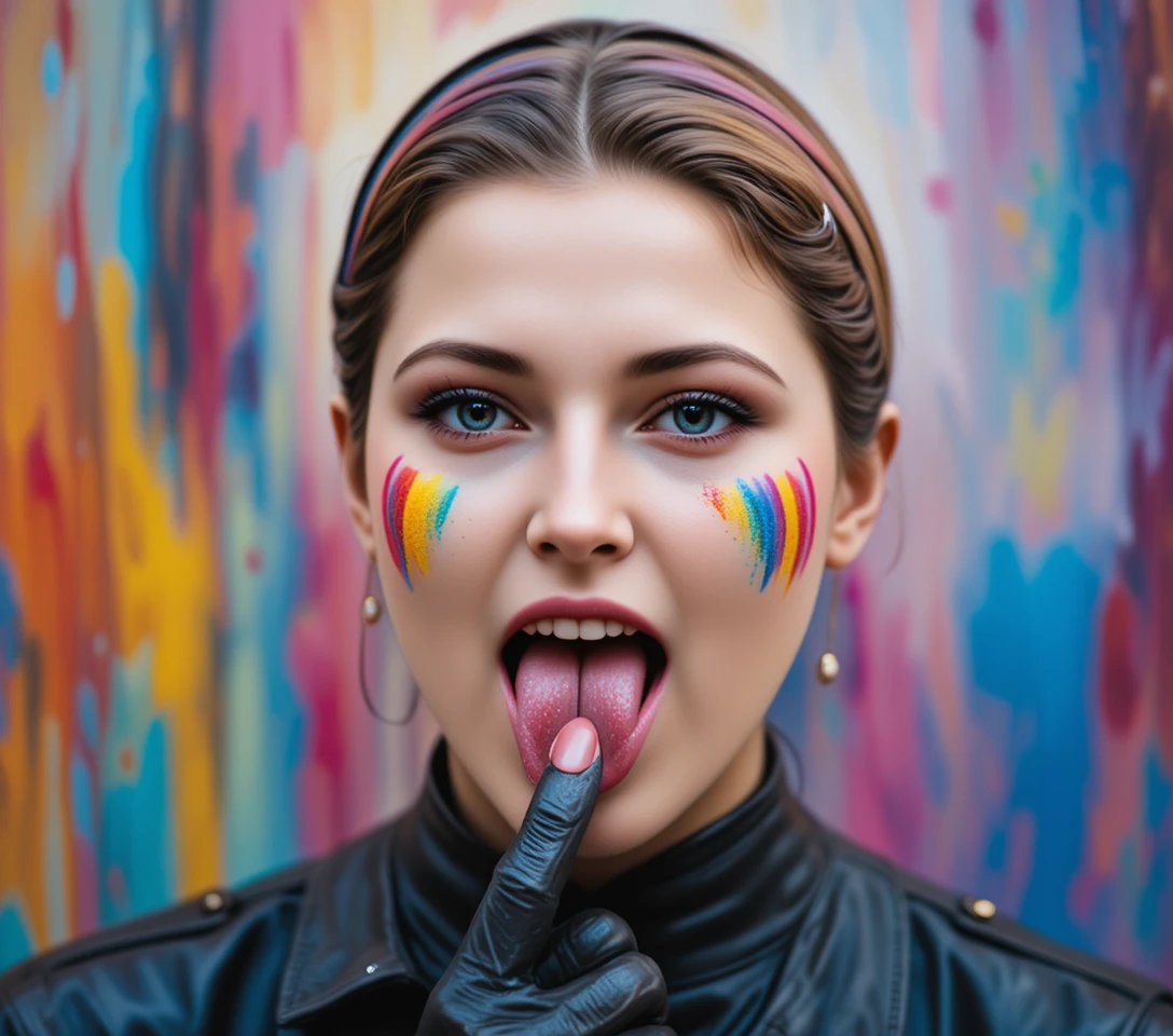 Uma mulher lambe os lábios brilhantes sob uma pintura facial de arco-íris