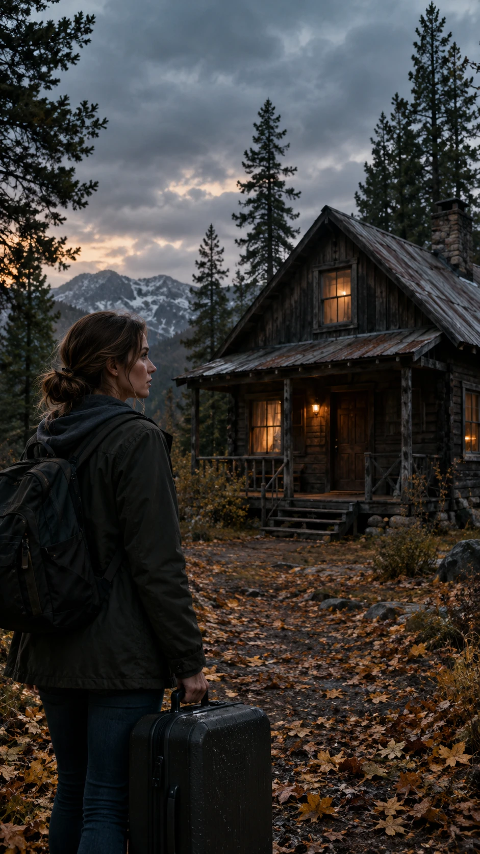 Uma mulher com sua mala diante de uma cabana isolada nas montanhas