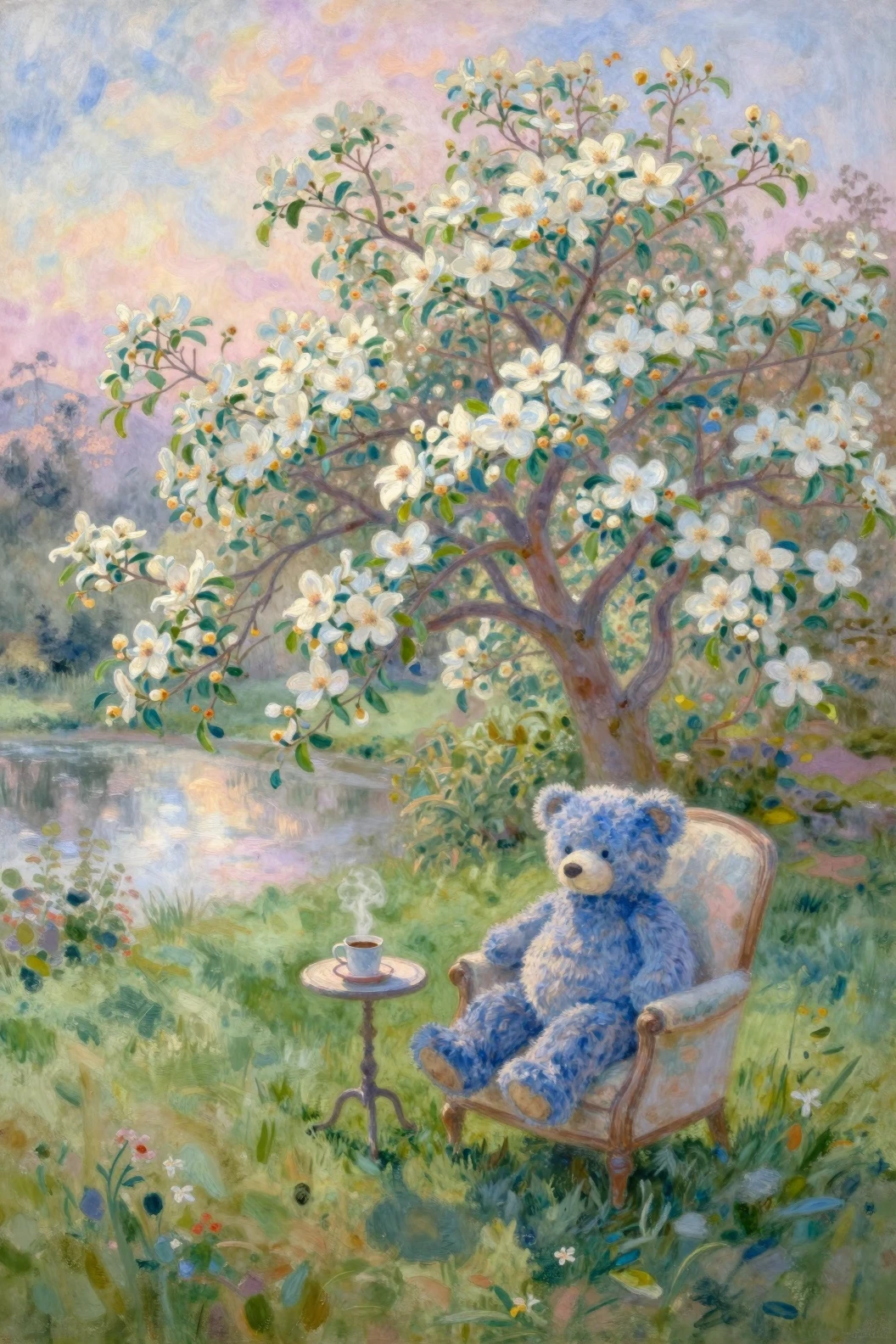 Un giardino impressionista all’alba con un corniolo in fiore e un orsacchiotto