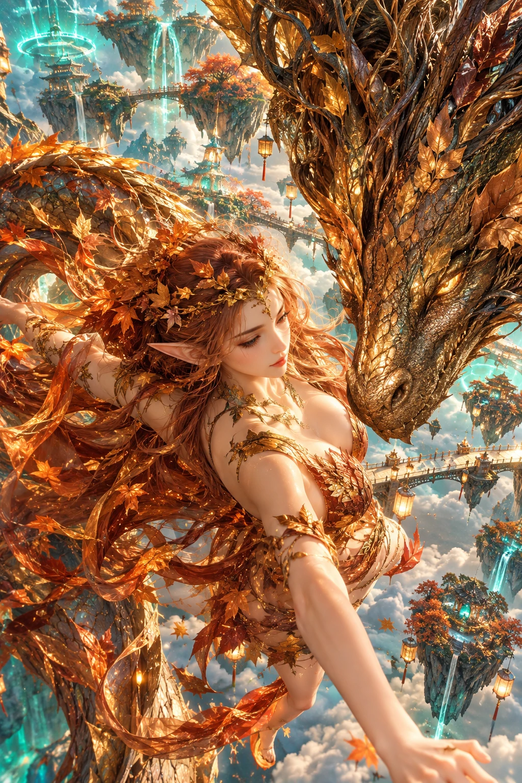 A leaf woven elf dancer intertwines with an ancient dragon