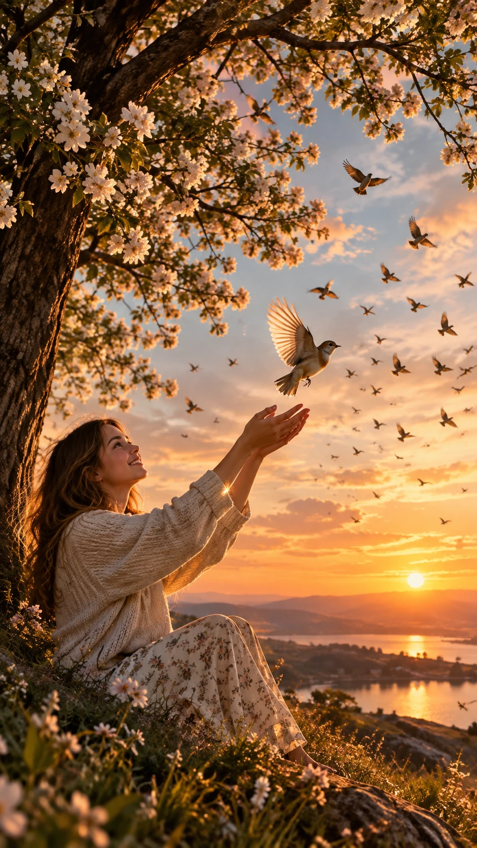 Au coucher du soleil, une jeune fille relâche un oiseau sauvé sous un arbre en fleurs