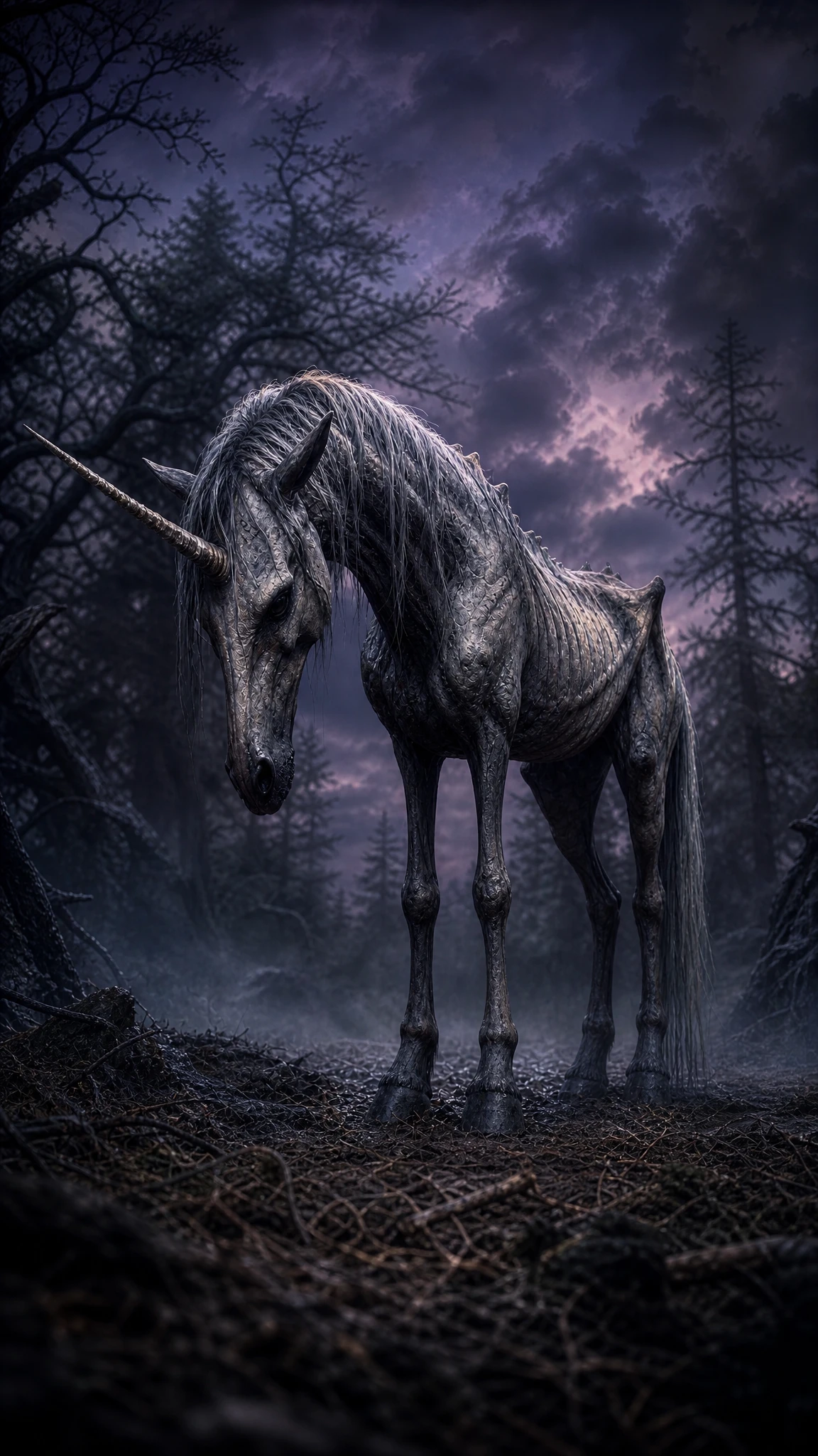 Ein abgemagertes Einhorn mit einem gesprungenen Horn steht auf einer Waldlichtung in der Abenddämmerung