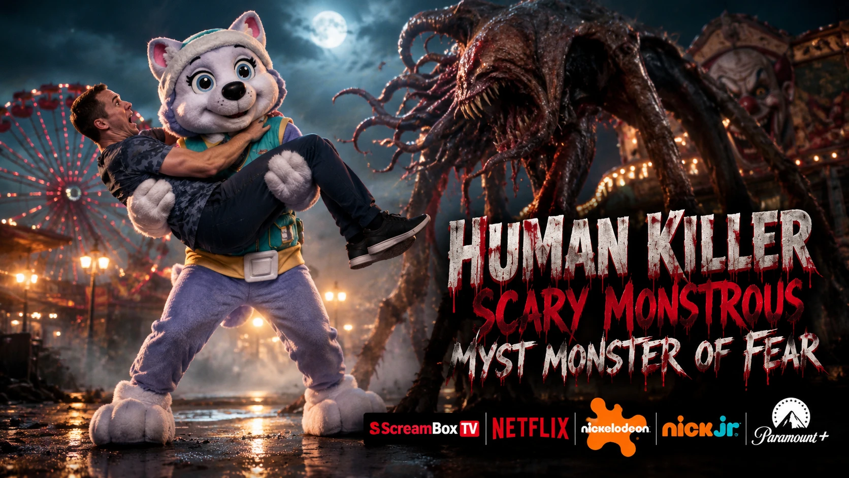 Uma garota fantasiada de mascote de husky resgata um homem de um temível monstro de névoa