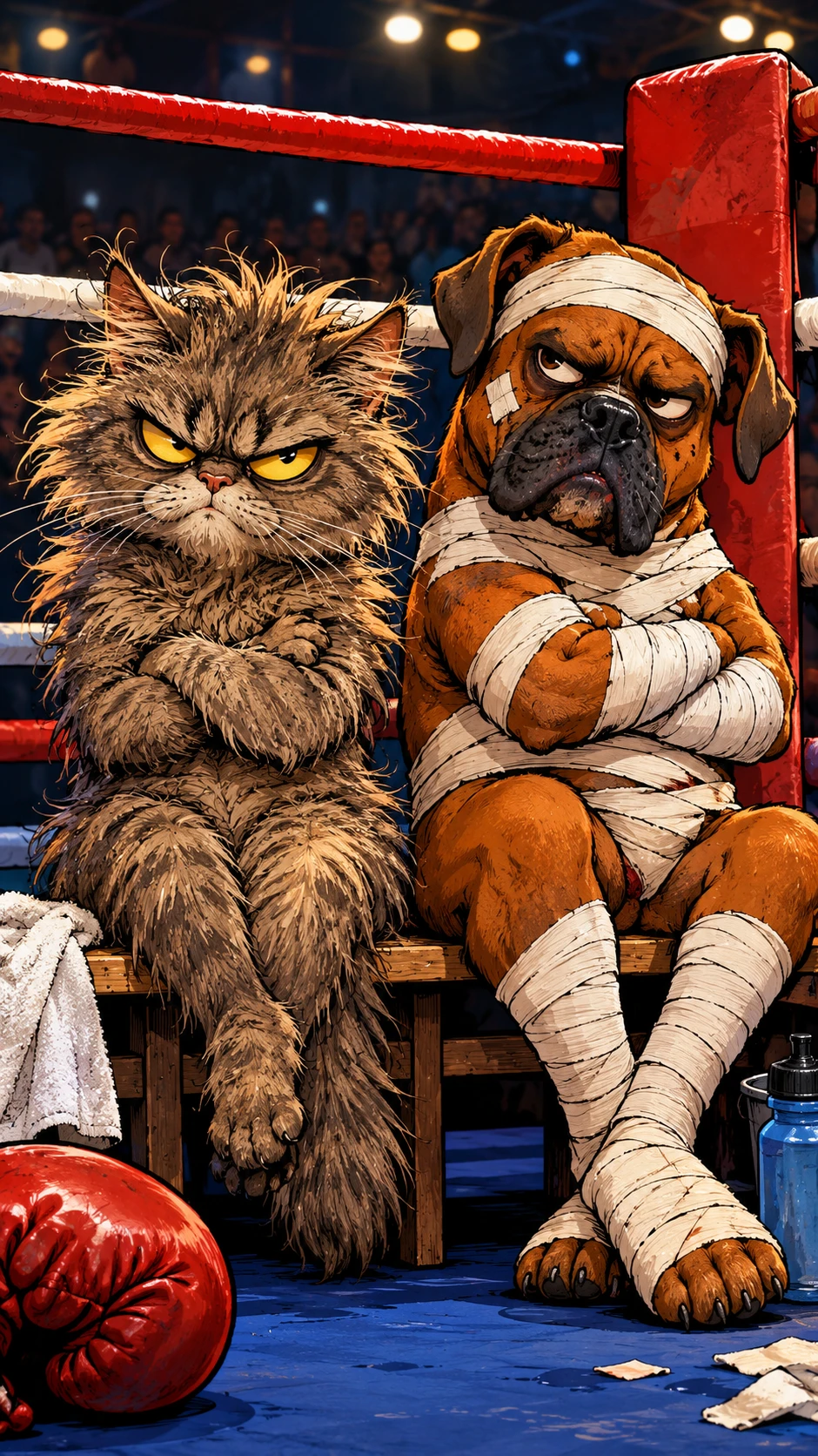 Un chat grincheux et un chien bandé assis au bord du ring après un match de boxe