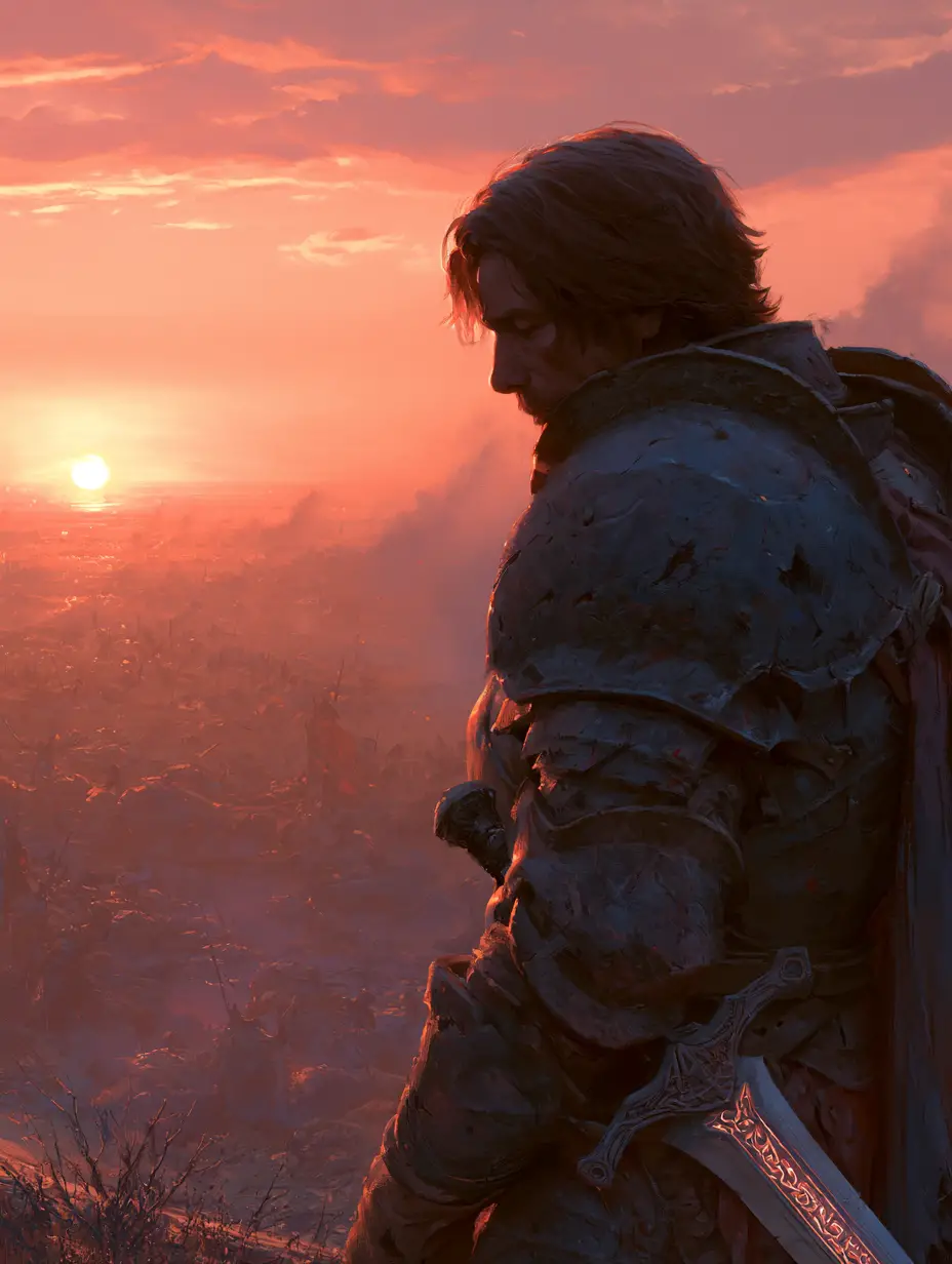 A battle-worn knight stands victorious on a sunset battlefield