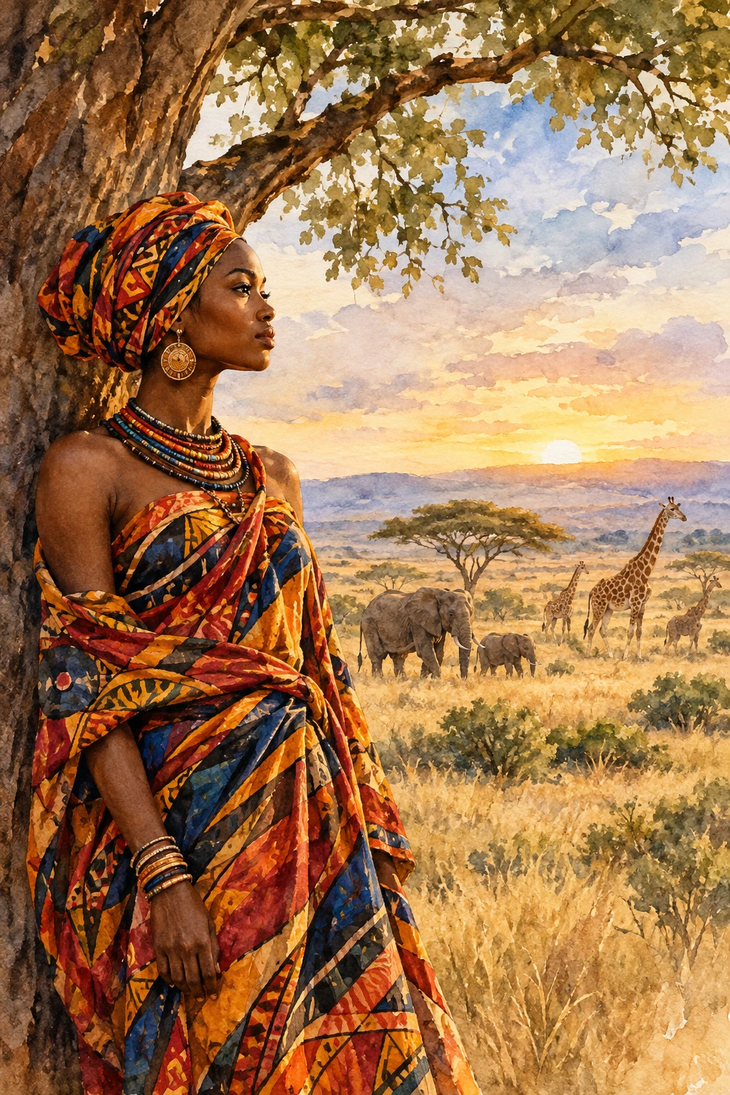 Retrato em aquarela de uma mulher africana ao lado de uma árvore na savana